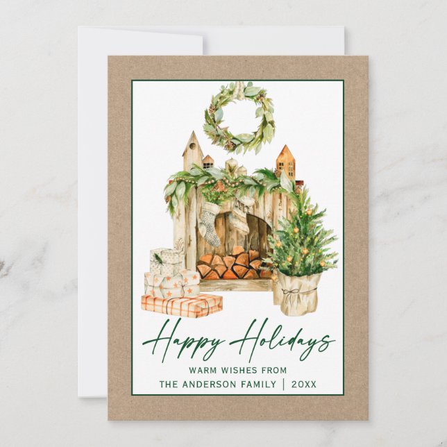 Cartes Pour Fêtes Annuelles Calligraphie Vert Encre Aquarelle Vacances Kraft (Devant)