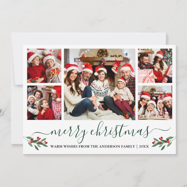 Cartes Pour Fêtes Annuelles Calligraphie verte Joyeux Noël Holly 5 Photo (Devant)