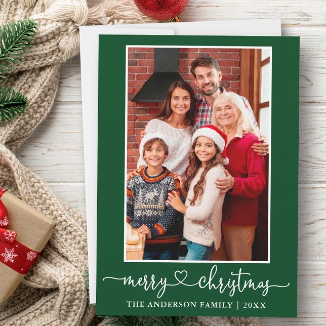 Cartes Pour Fêtes Annuelles Calligraphy Heart Photo Merry Christmas Green (Customize to change your personalized text size or text style.)