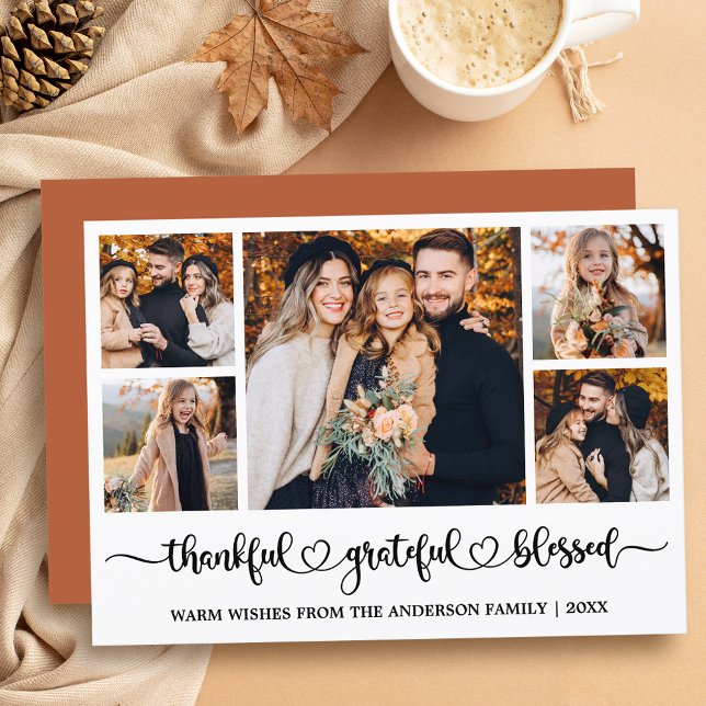 Cartes Pour Fêtes Annuelles Calligraphy Heart Thankful 5 Photos (Customize to add text to back of card or to change color of back of card.)