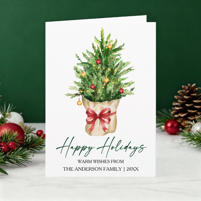 Cartes Pour Fêtes Annuelles Calligraphy Ink Watercolor Pine Tree Red Bow Fold (Customize your change your personalized text size or text style.)