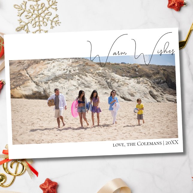 Cartes Pour Fêtes Annuelles Calligraphy Warm Wishes |Two Beach Family Photo  (Créateur téléchargé)