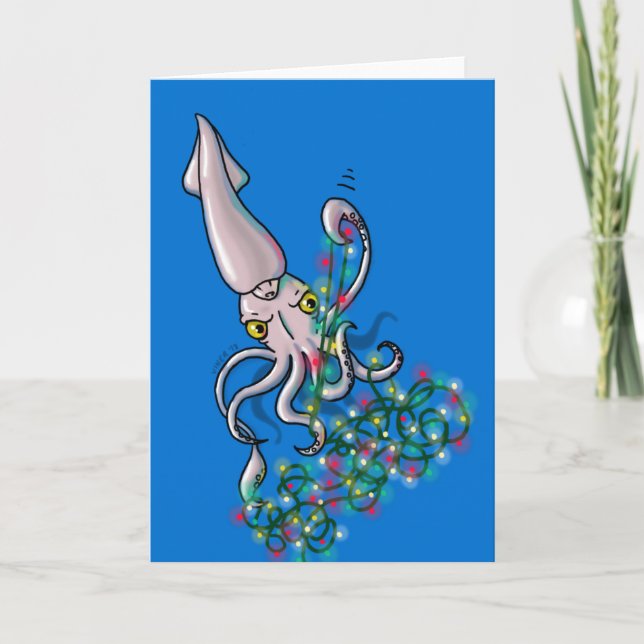 Cartes Pour Fêtes Annuelles Calmar fâché avec des lumières de Noël (Devant)