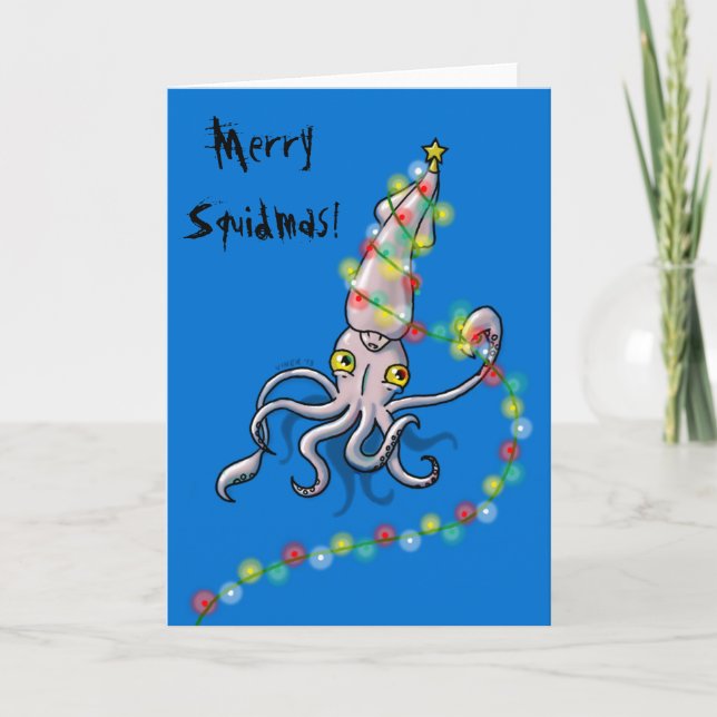 Cartes Pour Fêtes Annuelles Calmar heureux avec des lumières de Noël (Devant)