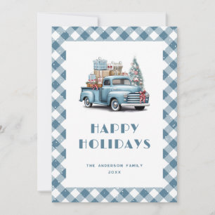 Cartes Pour Fêtes Annuelles Camion bleu à carreaux dans la neige aquarelle