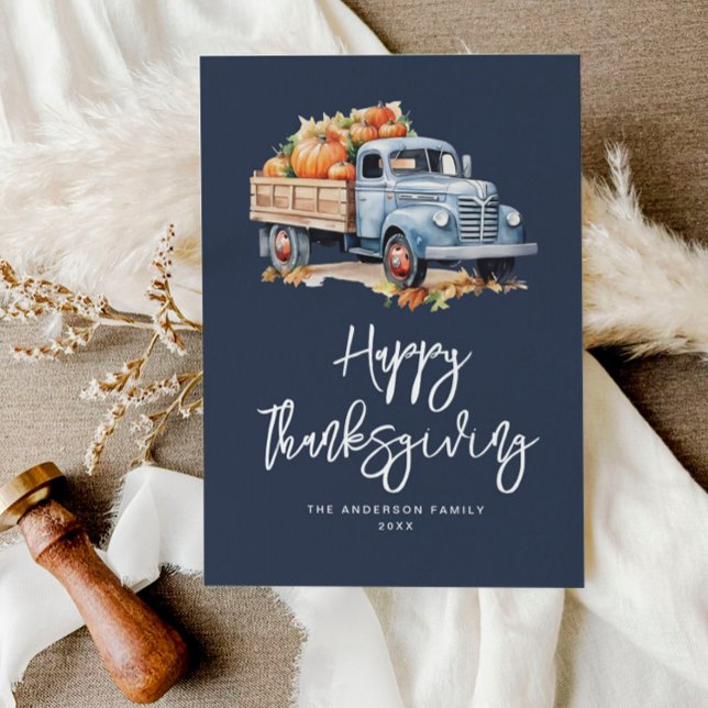 Cartes Pour Fêtes Annuelles camion d'automne bon thanksgiving bleu marine (Créateur téléchargé)