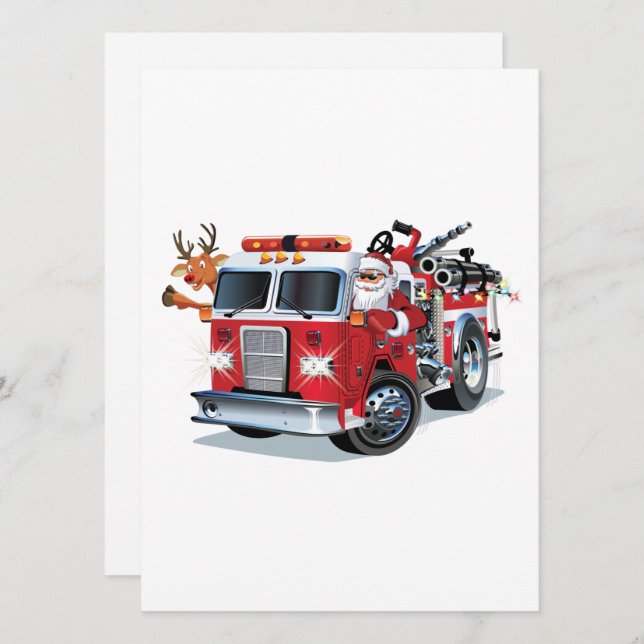 Cartes Pour Fêtes Annuelles Camion de feu de Noël de dessin animé (Devant / Derrière)