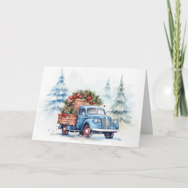 Cartes Pour Fêtes Annuelles Camion de Noël bleu rétro (Devant)