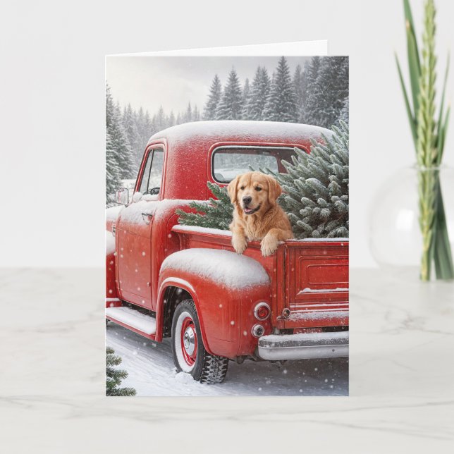 Cartes Pour Fêtes Annuelles Camion De Noël Rétro Avec Golden Retriever (Devant)