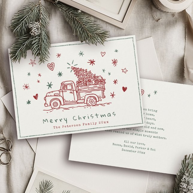 Cartes Pour Fêtes Annuelles Camion de Noël Whimsical Retro Rouge et Vert (Créateur téléchargé)