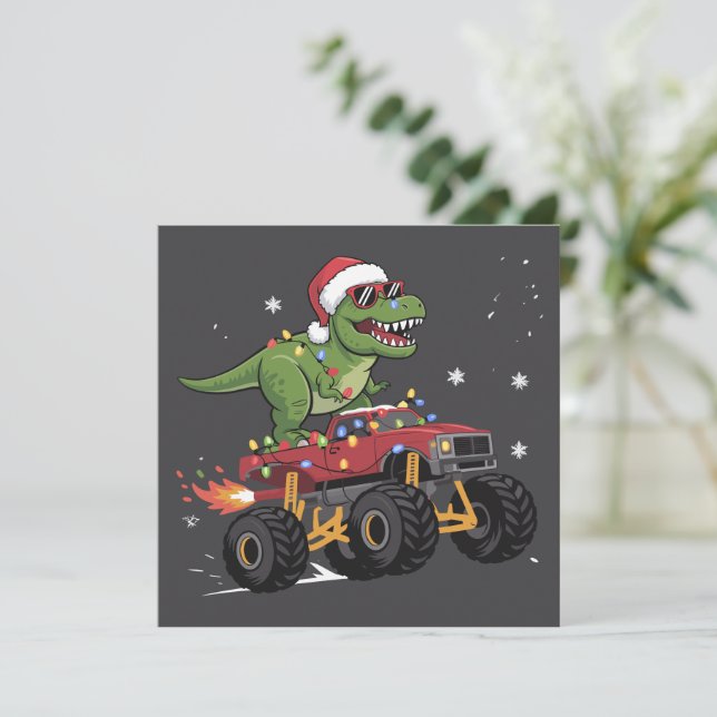 Cartes Pour Fêtes Annuelles Camion Monstre Dinosaure T-Rex de Noël  (Debout devant)