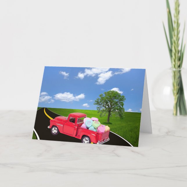 Cartes Pour Fêtes Annuelles Camion Red Retro Avec Coeurs Valentin (Devant)