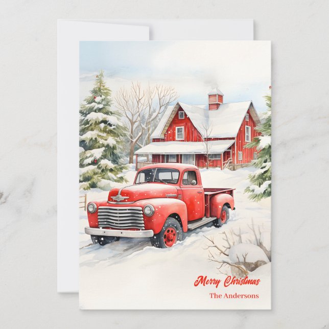 Cartes Pour Fêtes Annuelles Camion rouge classique enneigé confortable scène d (Devant)