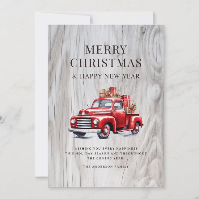 Cartes Pour Fêtes Annuelles Camion Rouge classique Noël présente Bois rustique (Devant)