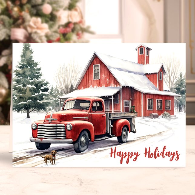 Cartes Pour Fêtes Annuelles Camion rouge et grange Joyeuses vacances (Créateur téléchargé)