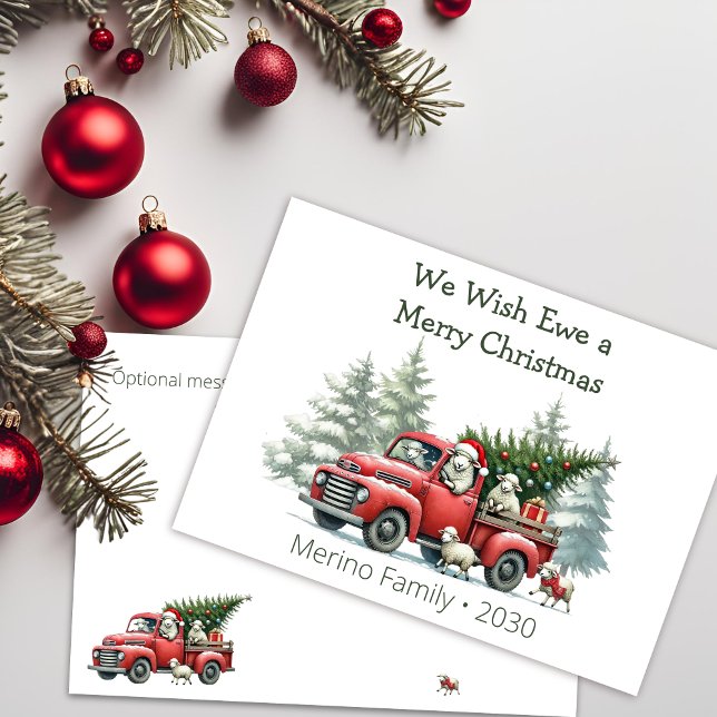 Cartes Pour Fêtes Annuelles Camion rouge mouton rustique Thème (we wish ewe a merry christmas, vintage red truck greeting card)