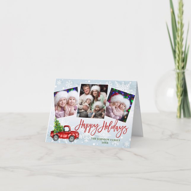 Cartes Pour Fêtes Annuelles Camion rouge rétro 4 PHOTO Noël Salutation pliée (Devant)