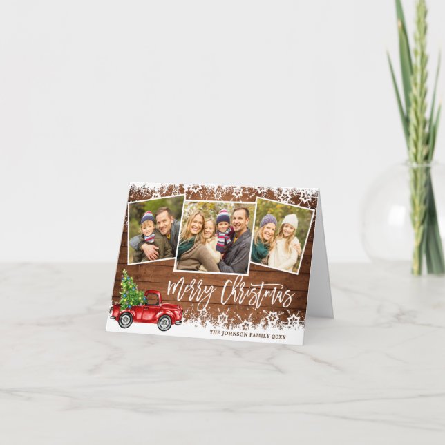 Cartes Pour Fêtes Annuelles Camion rouge rétro 4 PHOTO Noël Salutation pliée (Devant)