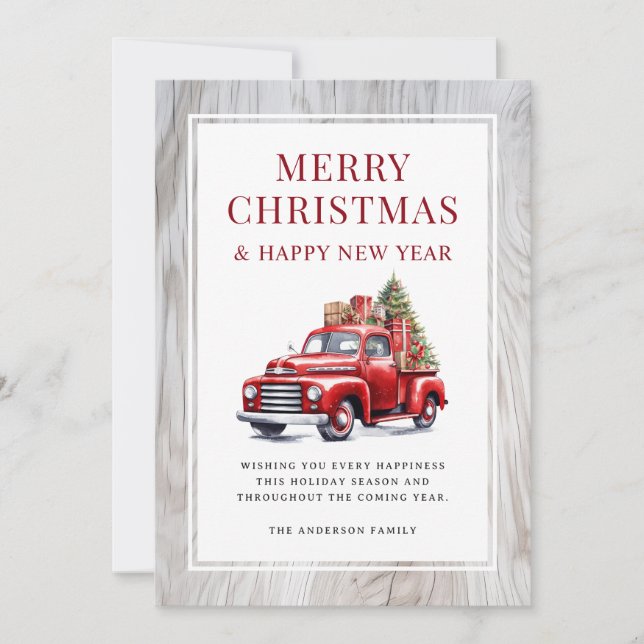 Cartes Pour Fêtes Annuelles Camion rouge rétro Arbre rustique Bois Joyeux Noël (Devant)