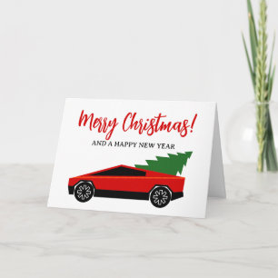Cartes Pour Fêtes Annuelles Camion Tesla rouge avec un sapin de Noël à l'arriè