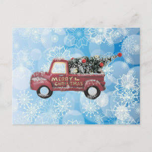 Cartes Pour Fêtes Annuelles camionnette vintage rouge sur fond de flocon de ne