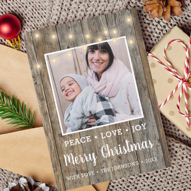 Cartes Pour Fêtes Annuelles Campagne Russe Lumières en bois (Country Rustic Wood Lights Photo Holiday Card)