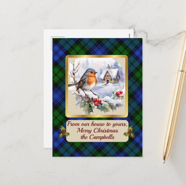 Cartes Pour Fêtes Annuelles Campbell Crest & Tartan avec Robin (Devant/Arrière en situation)