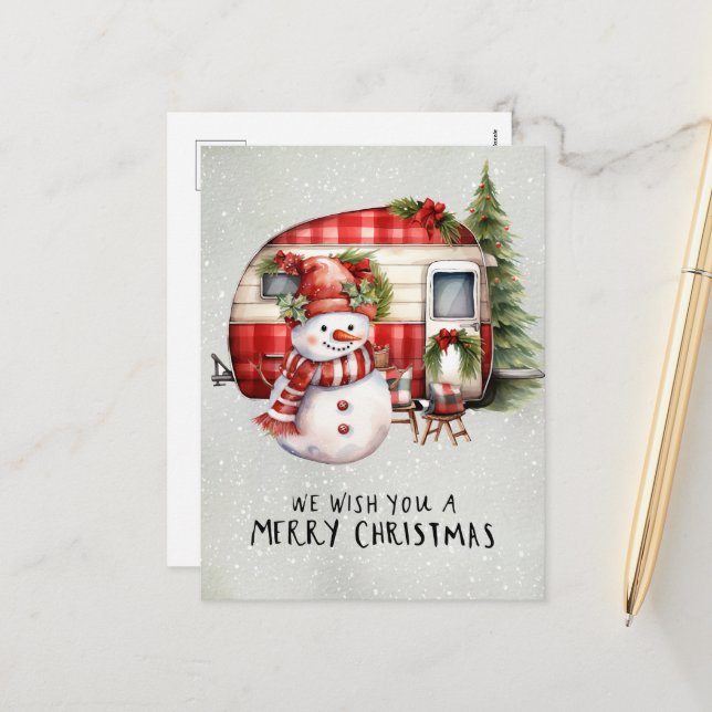 Cartes Pour Fêtes Annuelles Camper Snowman Camping Noël Thème (Devant/Arrière en situation)