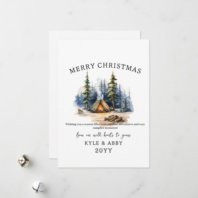 Cartes Pour Fêtes Annuelles Camping d'hiver Bonfire Moonlight Christmas Forest (Devant/Arrière en situation)