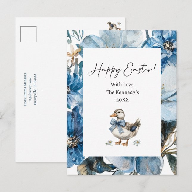 Cartes Pour Fêtes Annuelles Canard bleu Pâques (Devant / Derrière)