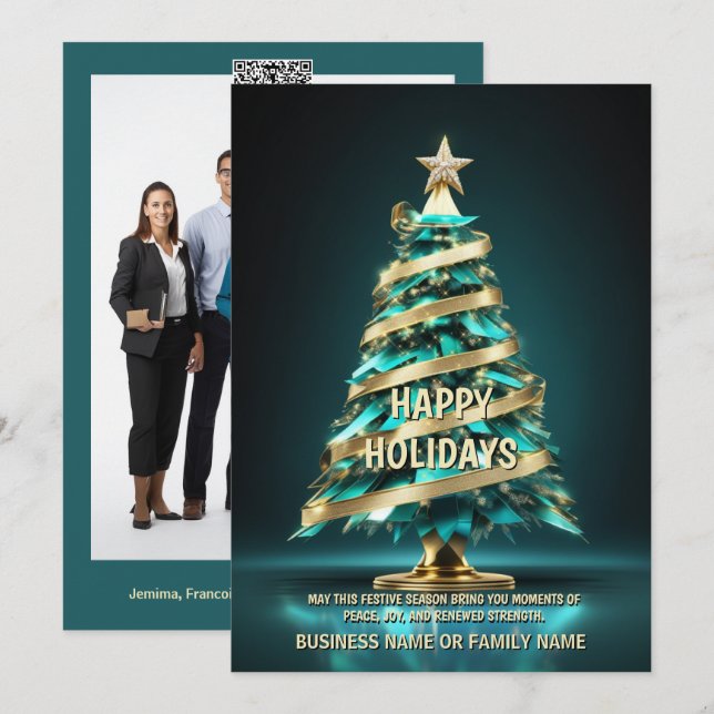 Cartes Pour Fêtes Annuelles Cancer de l'ovaire Arbre de Noël ribambelle turquo (Devant / Derrière)