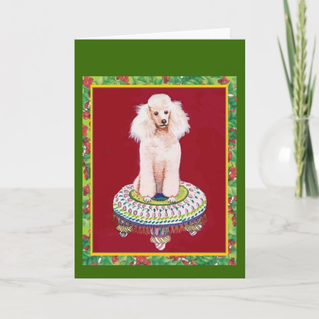 Cartes Pour Fêtes Annuelles Caniche blanche sur Tabouret Noël Salutations (Devant)