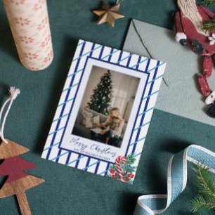 Cartes Pour Fêtes Annuelles Canne de Bonbon & Rayures Bleues Photo de Famill