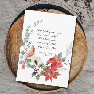 Cartes Pour Fêtes Annuelles Cardinal d'hiver Rouge Poinsettias Verdure Wreath