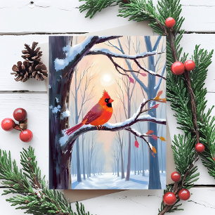 Cartes Pour Fêtes Annuelles Cardinal rouge   Aquarelle de Noël forêt d'hiver 