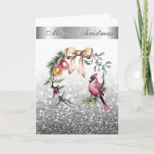 Cartes Pour Fêtes Annuelles Cardinal Rouge Holly Berry Silver Bokeh