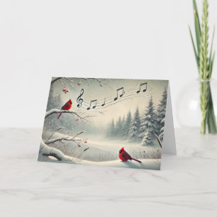 Cartes Pour Fêtes Annuelles Cardinal Rouge Oiseaux Bois enneigés Notes de musi