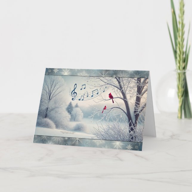 Cartes Pour Fêtes Annuelles Cardinal rouge Oiseaux Bois enneigés Notes musical (Devant)