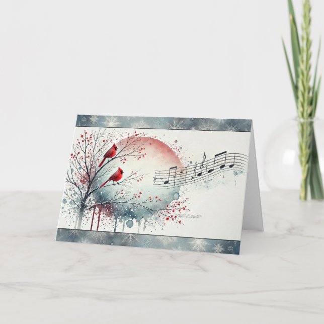 Cartes Pour Fêtes Annuelles Cardinal rouge Oiseaux Bois enneigés Notes musical (Devant)