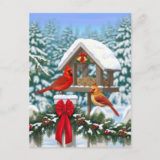 Cartes Pour Fêtes Annuelles Cardinaux et nourriciers d'oiseaux de Noël (Devant)