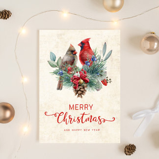 Cartes Pour Fêtes Annuelles Cardinaux Pomme de pin Grelots Noël Nouvel An