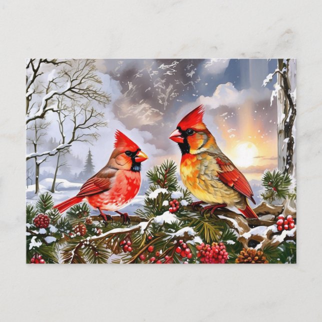 Cartes Pour Fêtes Annuelles Cardinaux rouges avec des baies sauvages Paysage h (Devant)
