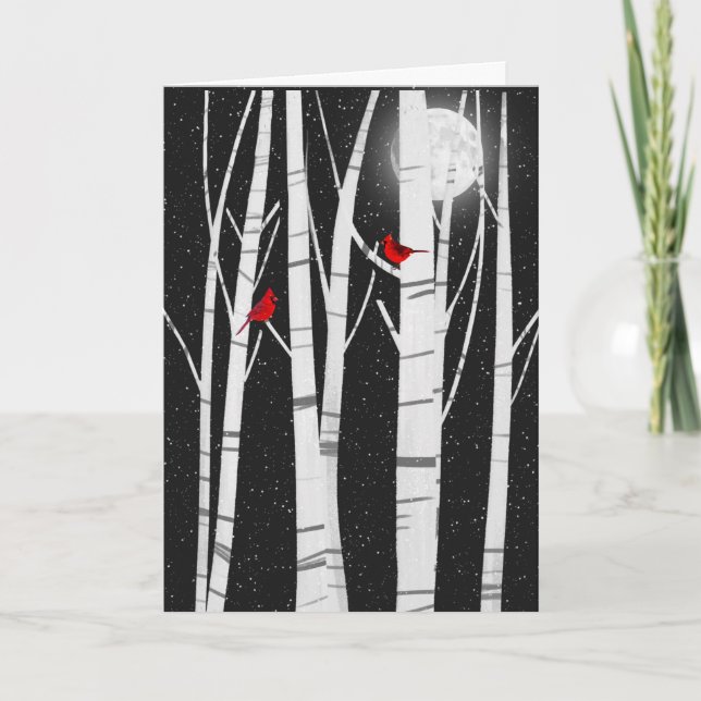 Cartes Pour Fêtes Annuelles Cardinaux rouges de Noël dans les bouleaux (Devant)