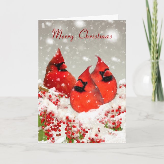 Cartes Pour Fêtes Annuelles Cardinaux Rouges Peints À L'Huile Et Berries D'Hiv (Devant)