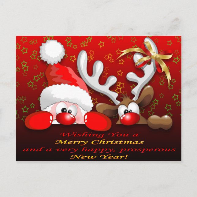 Cartes Pour Fêtes Annuelles Caricature amusante Père Noël et Reindeer (Devant)