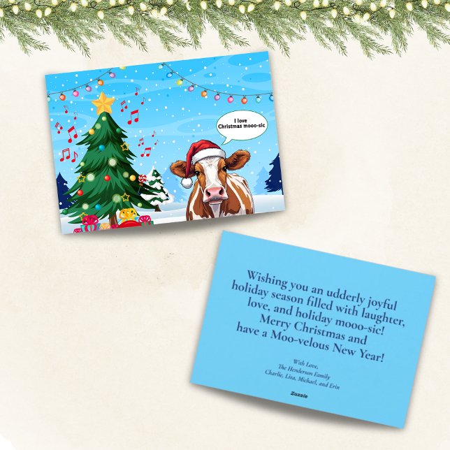 Cartes Pour Fêtes Annuelles Caricature de la vache Père Noël de Noël (Sure to bring smiles, our funny Santa Cow loves Christmas “mooo-sic.” Personal msg. on the back.)