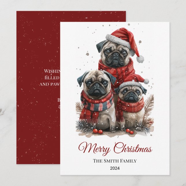 Cartes Pour Fêtes Annuelles Carlin Aquarelle Arbre de Noël non photo (Devant / Derrière)
