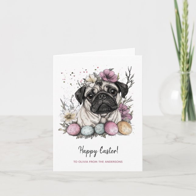 Cartes Pour Fêtes Annuelles Carlin de Pâques rustique aquarelle fleurie (Devant)