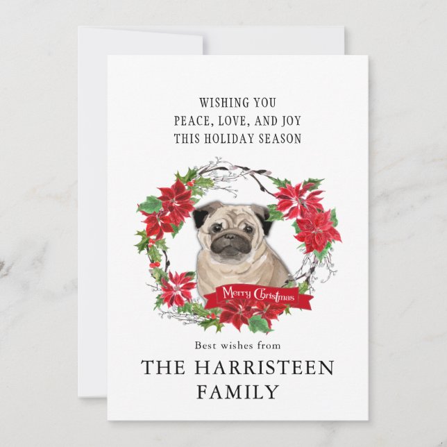 Cartes Pour Fêtes Annuelles Carlin fawn Aquarelle Poinsettia Noël (Devant)