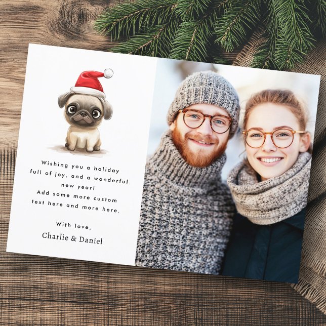 Cartes Pour Fêtes Annuelles Carlin mignon à Santa hat Joyeux Noël photo (Cute pug in Santa hat Merry Christmas photo Holiday Card)